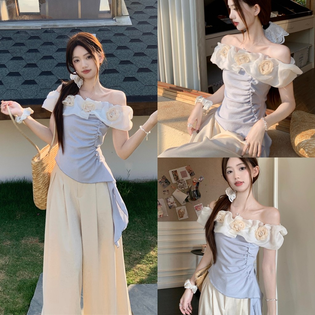 💝Bonnie💝เปิดไหล่แขนสั้น สีฟ้าพาสเทล แต่งขอบดอกไม้ slim fit เสื้อยืด ฤดูร้อน ใส่เที่ยว สไตล์เกาหลี