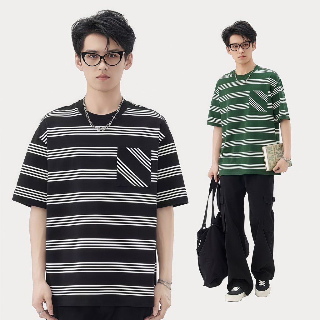 💥BecoolMan💥เสื้อยืดลายทางสไตล์ญี่ปุ่น  แขนสั้นทรงหลวมสำหรับผู้ชาย  ลายทาง  สีต่อ  ไซส์ใหญ่