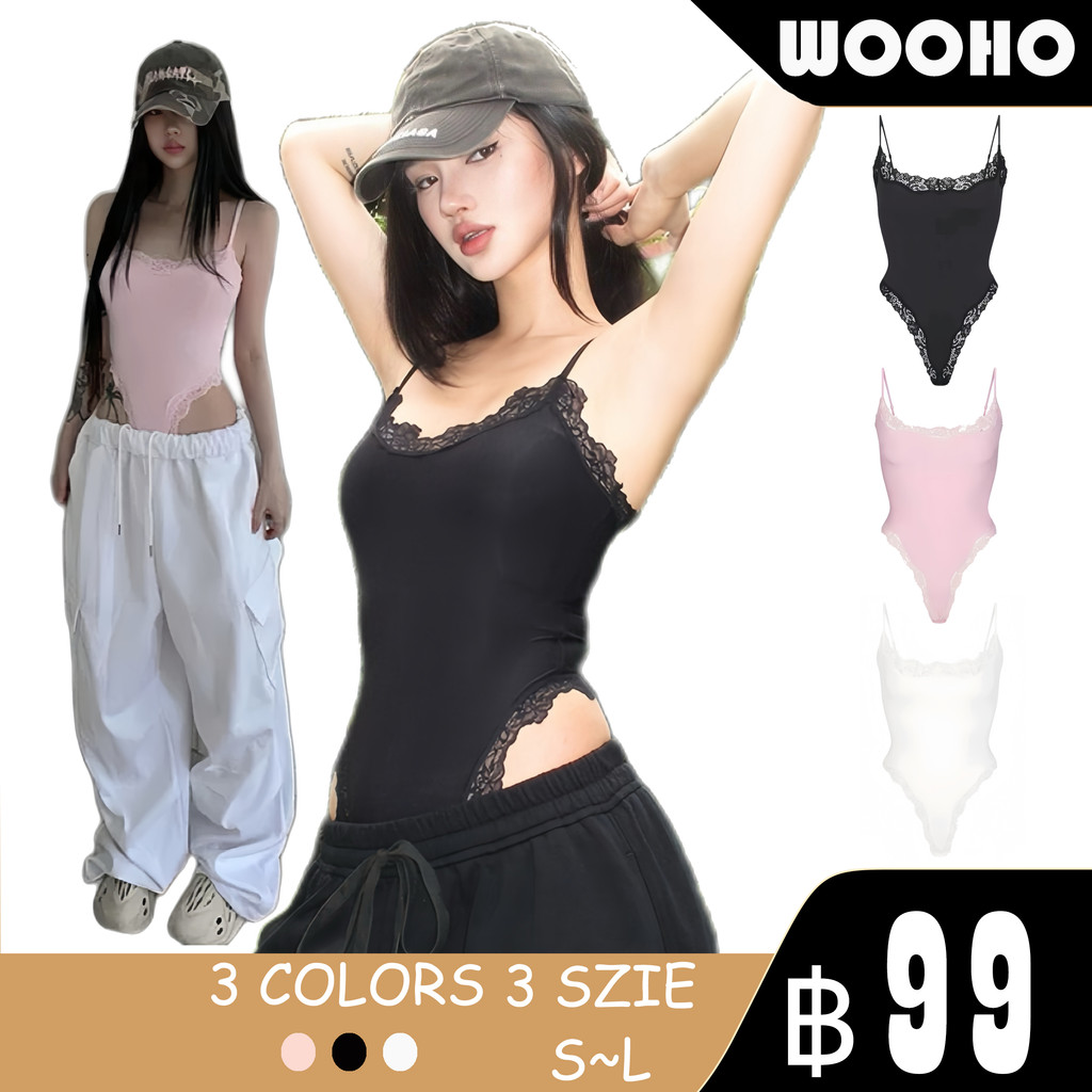 WOOHO.  ดีไซน์สายเดี่ยวสายสปาเก็ตตี้ ขอบลูกไม้ ขาสั้น สีดำ ลายสวยแฟชั่นใหม่ เหมาะสำหรับคนอวบ ใส่สบายในฤดูร้อน