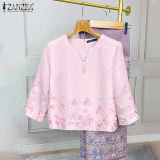 ZANZEA ซานเซีย สเวตเตอร์คอกลมแขน3/4 พิมพ์ลายดอกไม้ เสื้อย้อนยุคสำหรับผู้หญิง