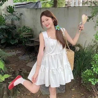 เสื้อกั๊กสีเหลือง Bowknot สำหรับผู้หญิง พร้อมกระโปรงสั้นปุย สไตล์เบาสบายสำหรับฤดูร้อน