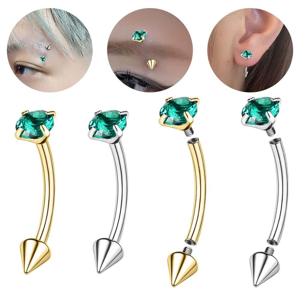แหวนตกแต่งทรงบอลสแตนเลสสตีลพร้อมคริสตัลสีเขียวสำหรับสวมใส่ในคิ้ว, Belly Button, Tragus