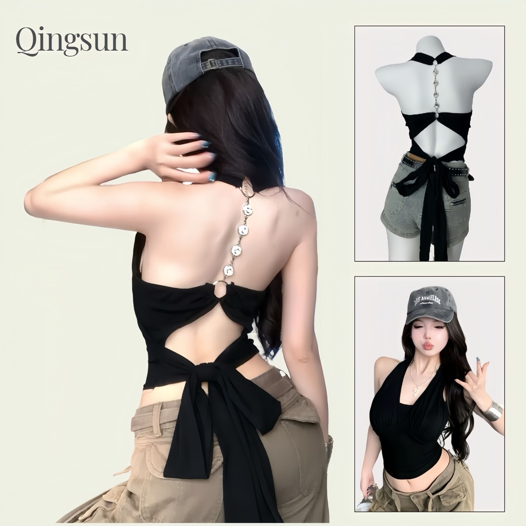 เสื้อยืดคล้องคอ ผูกโบว์ข้างหลัง แถมสายเพชรหล้องหลัง รัดหุ่น เซ็กซี่ เท่ๆ ได้หลายลุค "FY2636#1"