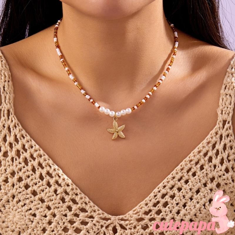 Bohemian Starfish Pendant Necklace Pearls Millets Beads Beach Jewelry Accessory