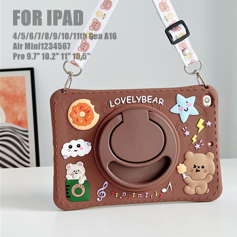 3Dการ์ตูนสายคล้องคอหมีสีน้ําตาลสําหรับiPad Mini Air1/2/3/4/5/6/7 4th/5th/6th/7th/8th/9th/10th/11th G