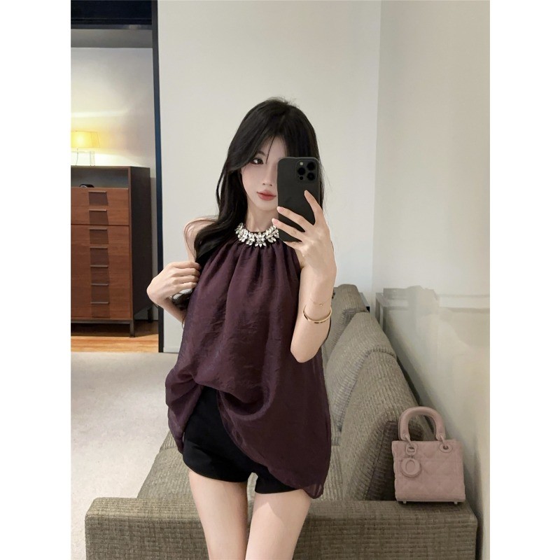 Classy กระโปรงเชิ้ตแขนกุดชีฟองสำหรับผู้หญิง ฤดูร้อน มีคริสตัลประดับ Halterneck - รูปที่ 4