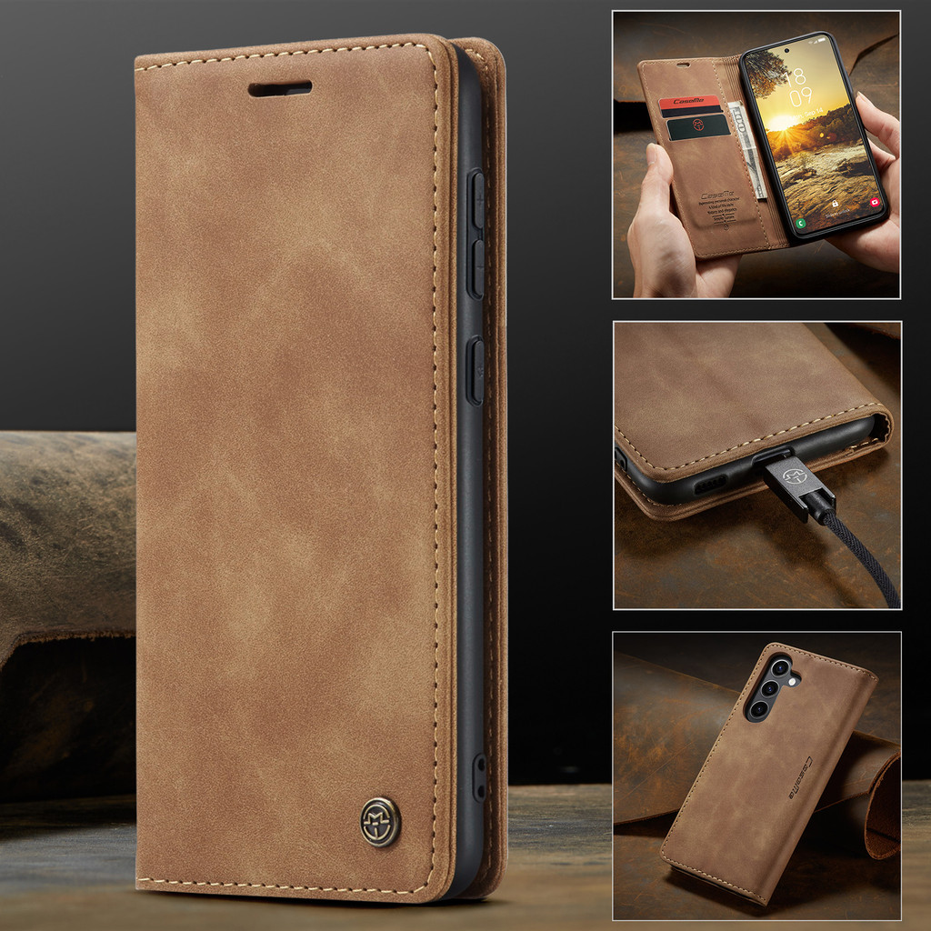 SAMSUNG เคสโทรศัพท์สําหรับSamsung S10 5G S20 S21 S23 S24 S25 Fe S8 S9 S10 Plus S7 Edge S10e CaseMeหนังMatte Retro Flipปลอกธุรกิจการ์ดแพ็คคลิปฝาครอบ