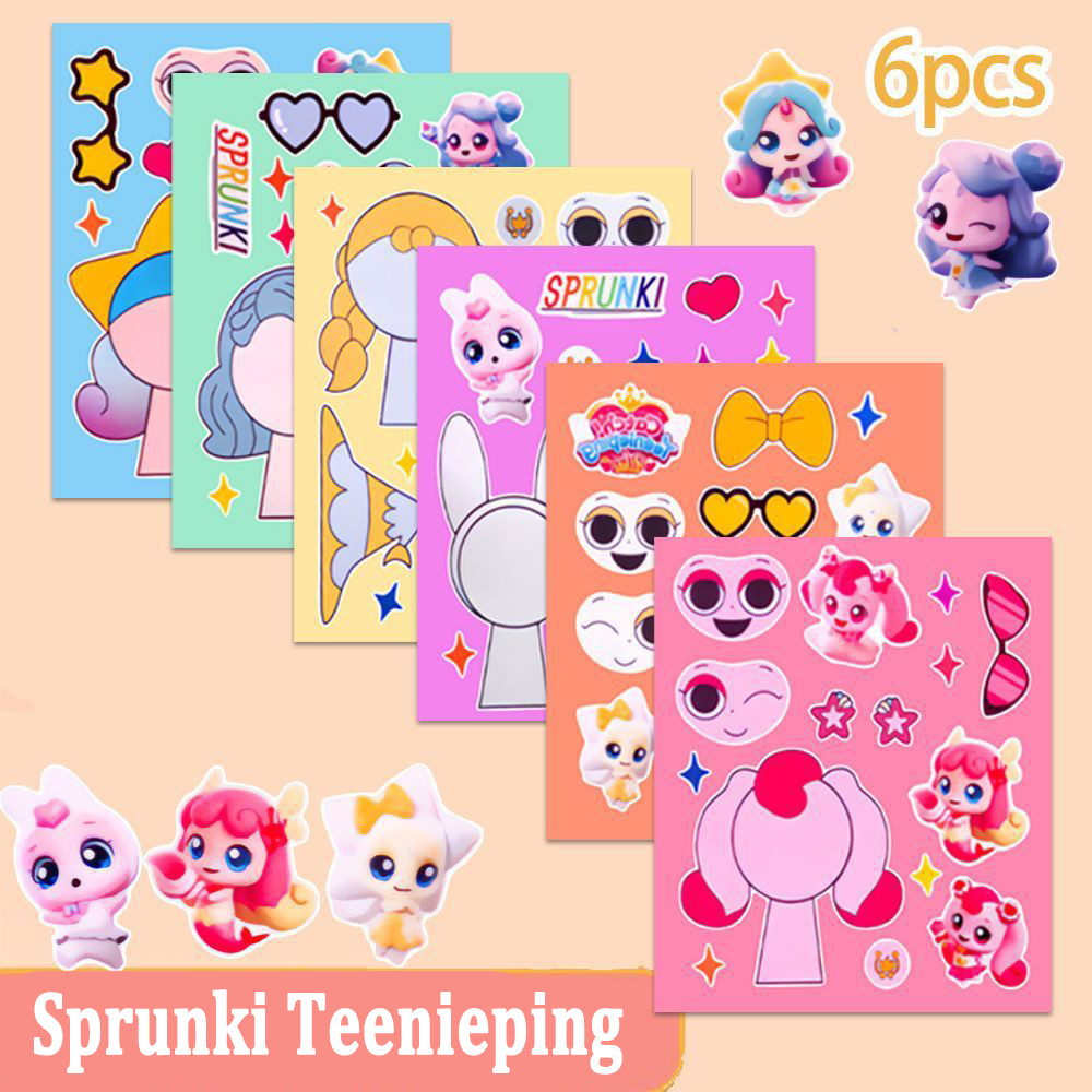 จับ Sprunki 6 ชิ้น! สติกเกอร์เปลี่ยน Teenieping Creative Kids Puzzle สติ๊กเกอร์ DIY
