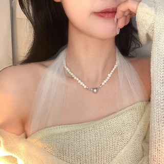 สร้อยคอไข่มุกน้ำจืดสไตล์บาโรก ดีไซน์เกาหลี หัวใจแม่เหล็ก สร้อยแฟชั่น เรียบหรูไม่เหมือนใคร