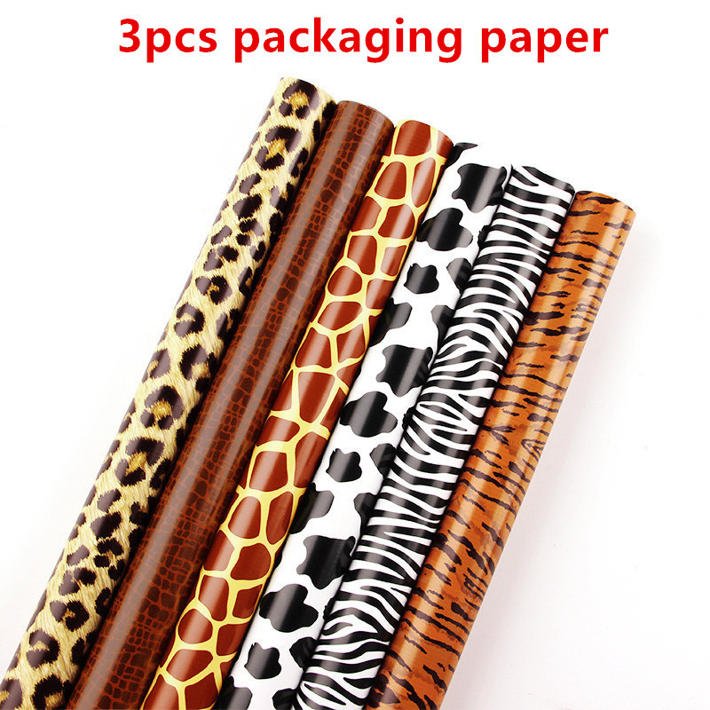 3 ชิ้นชนิดสัตว์เสือดาวพิมพ์ห่อกระดาษแผ่นม้วนบรรจุภัณฑ์สําหรับงานแต่งงานเด็กวันหยุดของขวัญห่อหัตถกรรมกระดาษตกแต่งของขวัญ
