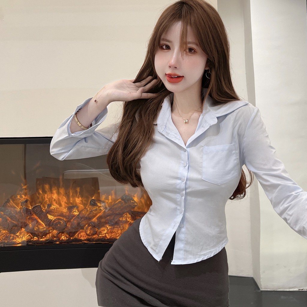 เสื้อเชิ้ตผู้หญิงคอปกโปโล ไซส์S-7XL สีดำ ขาว ฟ้า ทรงสวย น่ารัก  สไตล์เกาหลี สําหรับผู้หญิง - 2