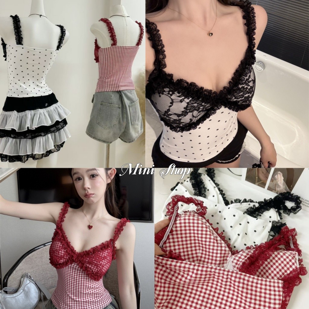 Mini shop🌸พร้อมส่ง🌸(FY66018)เสื้อสายเดี่ยวลายสก็อต แต่งซีทรูหน้าอก ฟองน้ำในตัว nobraใส่สบาย บราลูกไม้ สายเดี่ยว