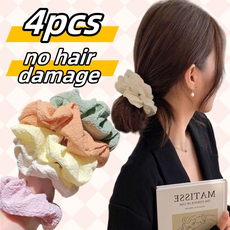 4ชิ้น ยางรัดผมแฟชั่นสไตล์เกาหลี ผ้าพองสีเรียบสำหรับเด็กผู้หญิง