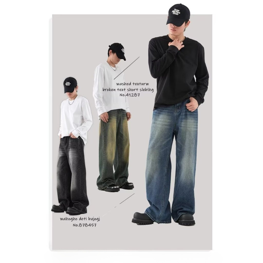 Baggy Jeans 10 สี กางเกงยีนส์ผู้ชายขากว้าง ไซลินไดรต์ พอดี คอปกปานกลางพอดีเก็บอย่างดี