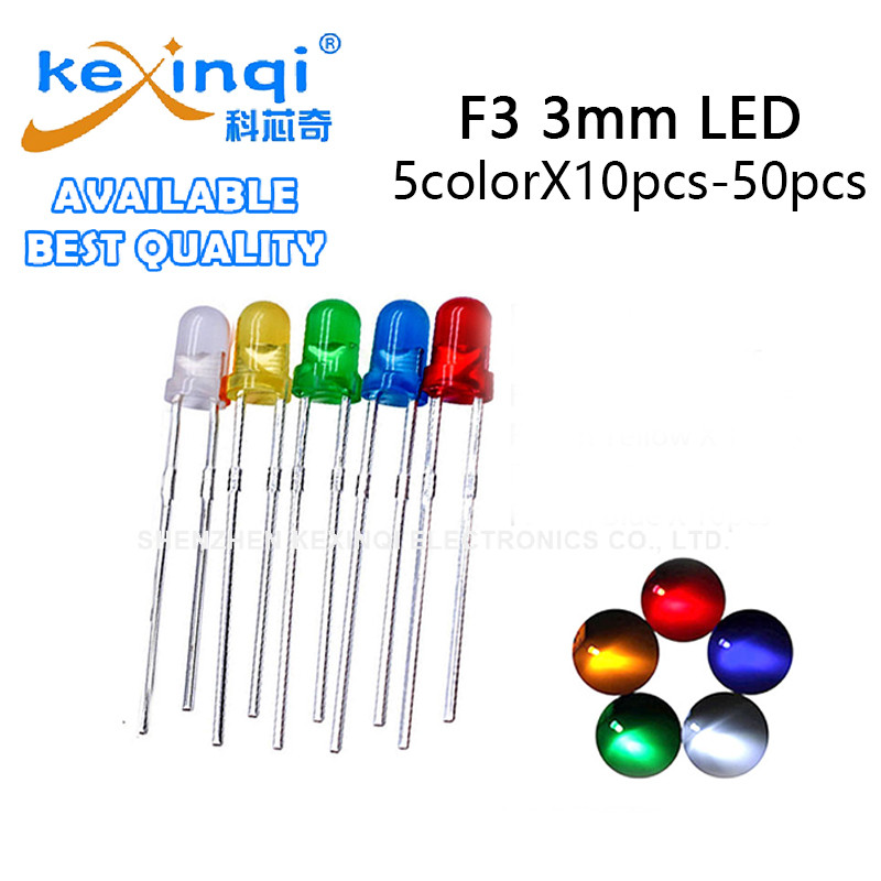 (50 ชิ้น/แพ็ค) F3 3 มม.5colorX10 ชิ้นไฟ LED Emitting Diode Diy ชุดสีแดงสีเหลืองสีฟ้าสีเขียวสีขาว