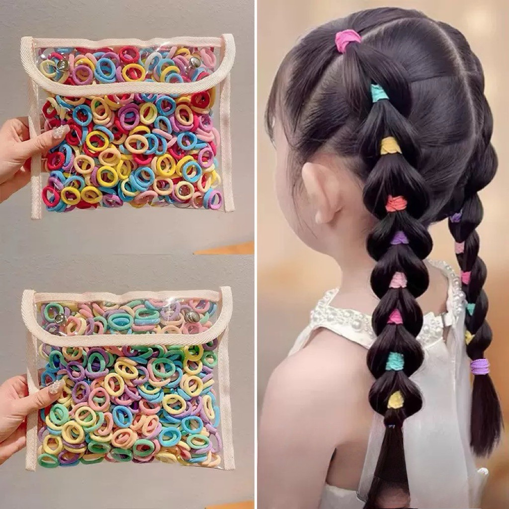 หนังยางรัดผมเด็กเล็ก แพ็ค200ชิ้น พร้อมถุงเก็บ ยางรัดผมเกาหลี  เส้นเล็ก น่ารัก สีสดใส