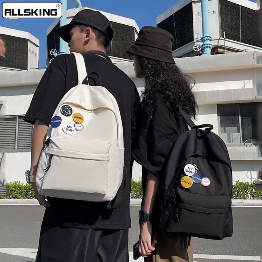 Allsking กระเป๋าเป้ ฟรีเข็มกลัด กระเป๋านักเรียน ใส่หนังสือ เป้ใส่ของเเบบสะพายหลัง สีพื้น ทนทาน ไม่ขาดง่าย