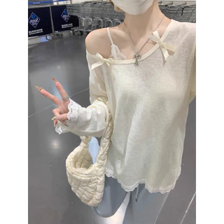 Cicishop(CM2086) เสื้อคอกลมทรงหลวมใส่สบายบางเบา ดีเทลแต่งโบว์และลูกไม้น่ารักคาวาอี้