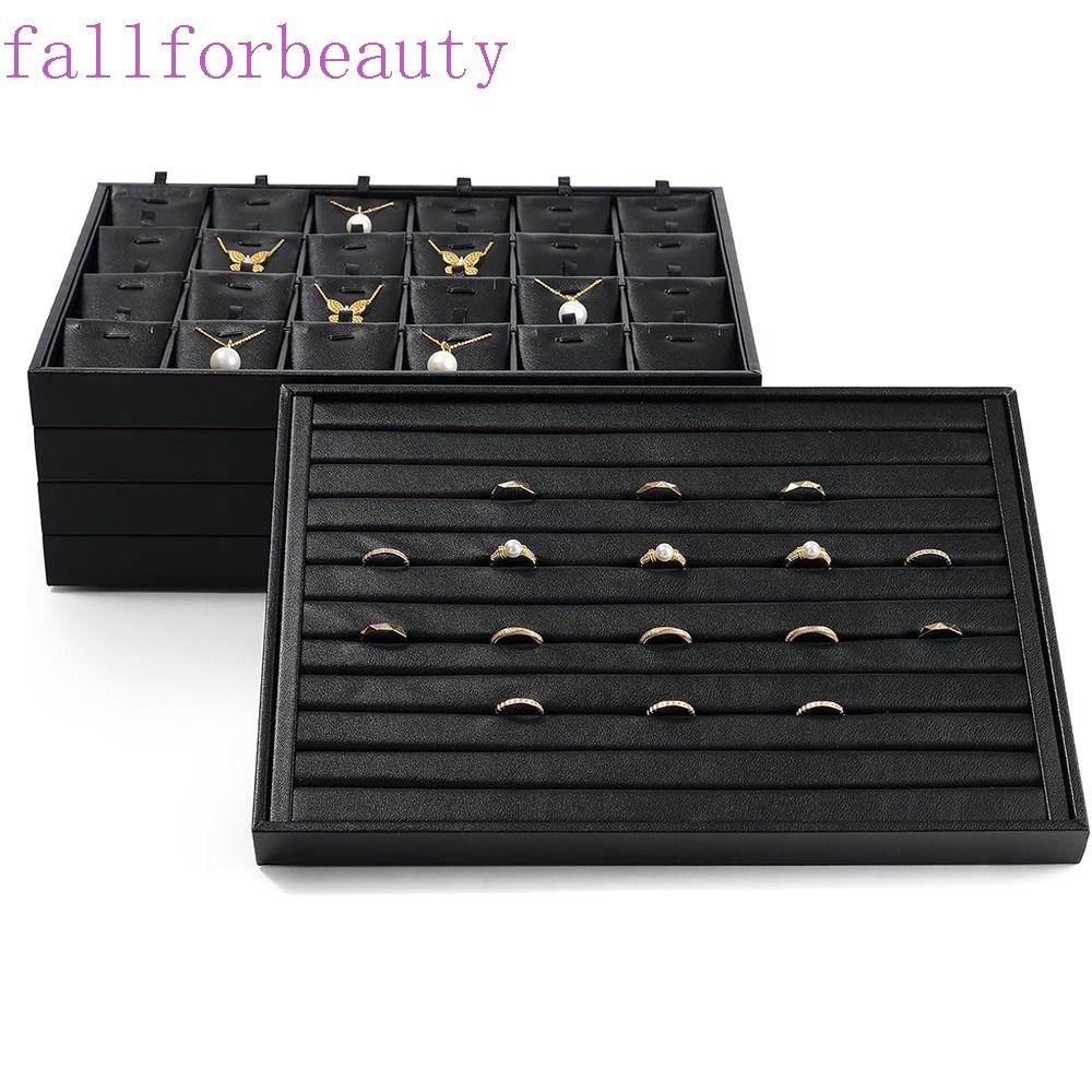 Fallforbeauty PU หนังเครื่องประดับพาเลท,ด้านล่างแบนหลายช่องถาดแสดงเครื่องประดับ,อเนกประสงค์สีดําทนต่อการสึกหรอวางซ้อนกันได้สร้อยข้อมือจัดเก็บโต๊ะ