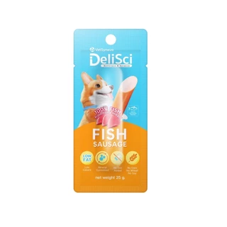 DeliSci Fish Sausage ขนมสุนัข ไส้กรอกนุ่ม เคี้ยวง่าย หอมอร่อย ทำจากเนื้อปลา แพ้ไก่ทานได้ ขนาด 25 กรัม
