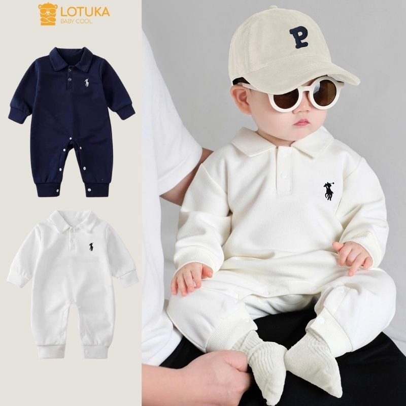 จดหมาย ชุดบอดี้สูทโปโลผ้าฝ้ายปักลายม้าสําหรับเด็กชุดบอดี้สูทแขนยาวสําหรับเด็กชายและเด็กหญิงเสื้อผ้าเด็กขนาด3-12กิโลกรัม