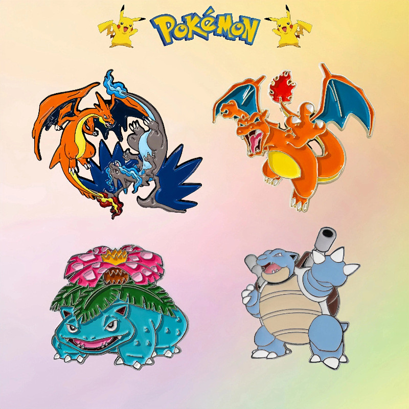 4 ชิ้น/เซ็ตการ์ตูนป้ายโปเกมอนโปเกมอน Charizard และ Water Arrow เต่าน่ารักเข็มกลัดคริสต์มาส