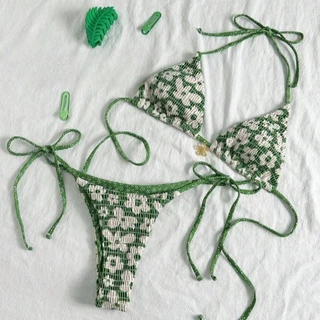 🤍Summer Girl💖Bikini set บิกินี่ 2 ชิ้น ลายพิมพ์ เชือกผูก ขนาดปรับได้ รุ่นใหม่ พร้อมฟองน้ำ ชุดไปทะเล