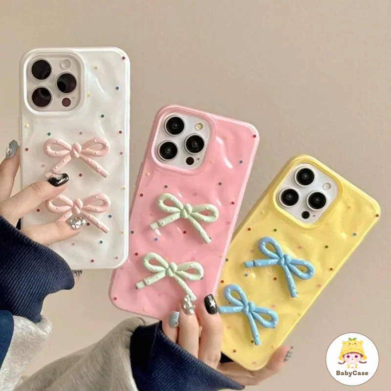 เคสไอโฟน 11 สำหรับ iPhone 16 13 15 11 14 12 Pro Max 15 14 16 6 6S Plus XR X XS ผ้าคลุมระบายลายโบว์หวานสดชื่น