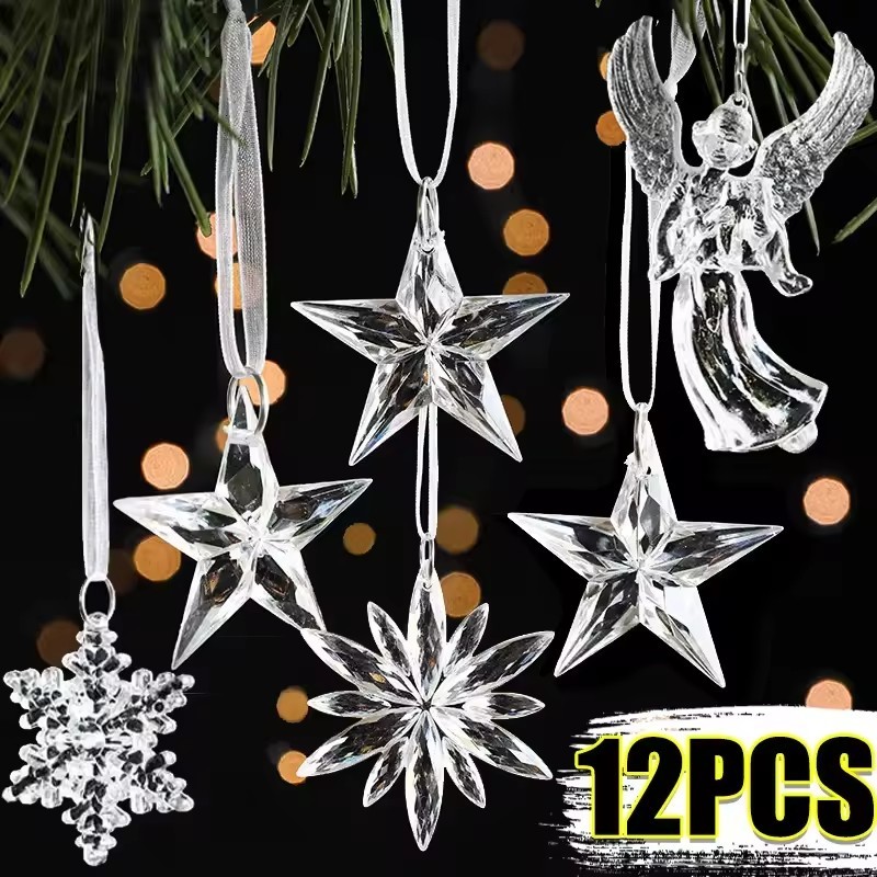 คริสต์มาสคริสตัลเกล็ดหิมะ Icicle จี้-เครื่องประดับอะคริลิคใส-DIY Xmas Tree แขวนตกแต่งสําหรับ Home Winter Party ปีใหม่