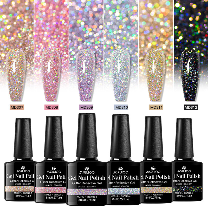 MSRUIOO 8ML Glitter เจลสะท้อนแสงแฟลชผลยาทาเล็บเจลกึ่งถาวร  สามารถถอดออกได้ ยูวี/แอลอีดี เจลสําหรับร้านทําเล็บ DIY เล็บ