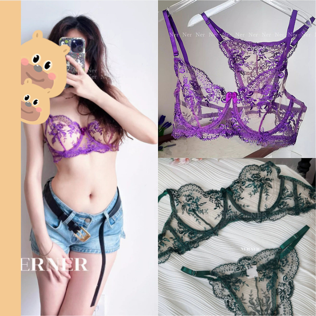 🎀bearbra🎀ชุดชั้นในลายลูกไม้ผ้าซีทรู เซ็กซี่ ใส่สบาย มีตะขอด้านหลัง รุ่น ชุดชั้นในลายลูกไม้สีม่วง ถ้วยบางเฉียบ สวมใส่สบาย