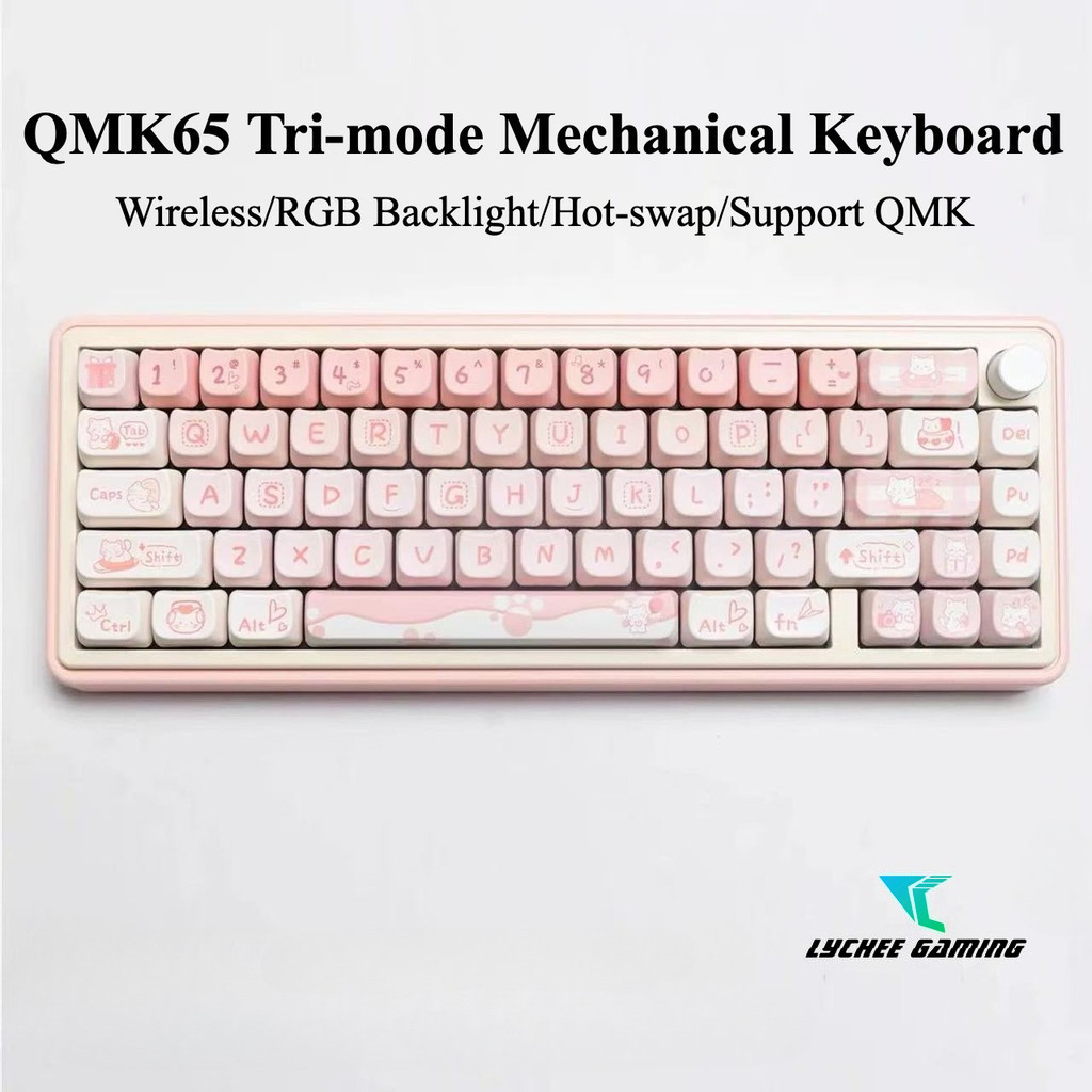 2025 ใหม่!!! QMK65 คีย์บอร์ดแบบกลไกสามโหมด Hot Swap น่ารักสีชมพูบลูทูธ/2.4G RGB ชุดคีย์บอร์ดเชิงกลแสงสี