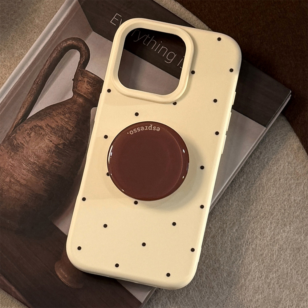 Ins ครีมสีเหลือง Polka Dot สีน้ําตาลวงกลม Stand Holder เคสโทรศัพท์สําหรับ IPhone 16 Pro Max 16 Pro 16 Plus 15 14 13 12 11 Anti Drop ซิลิโคนอ่อนนุ่มปกหลัง