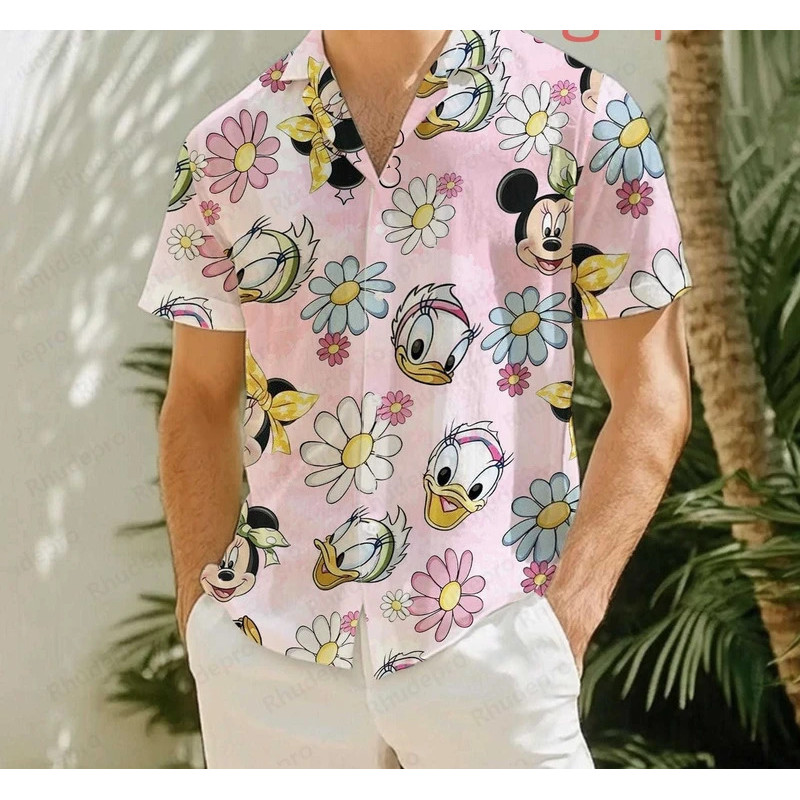 Disney Minnie Mermaid การ์ตูนเสื้อฮาวาย แขนสั้น สำหรับทุกวัย เหมาะสำหรับวันพักผ่อนและชายหาด