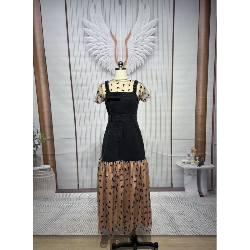 XL เดรสเอี๊ยม เดรสสีน้ำตาล ลายโบว์ CLT