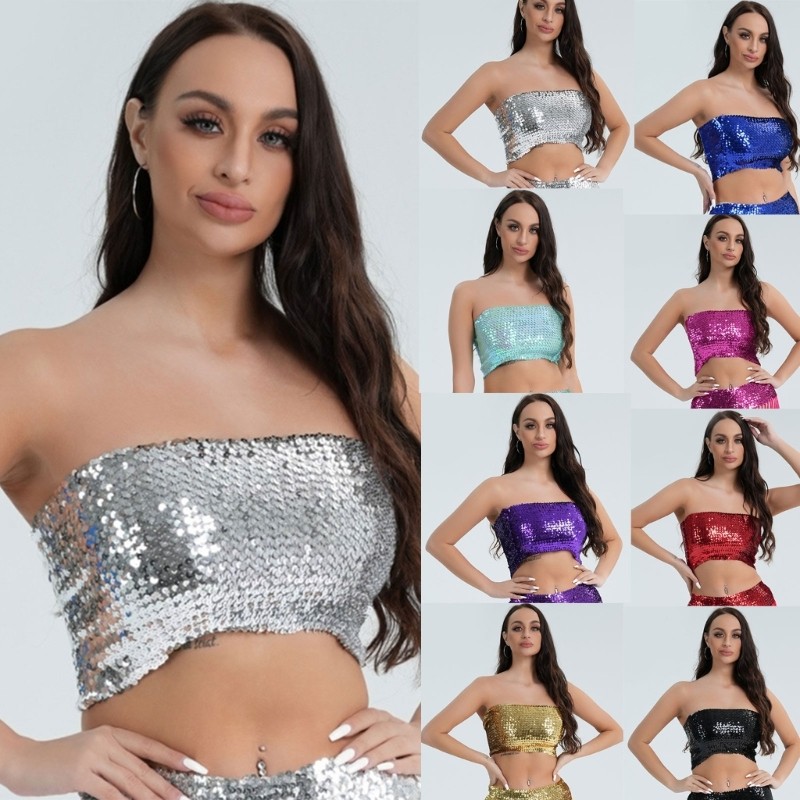 QUU Sequins Crop Tops สําหรับผู้หญิง Glitter Tube Tops ยืด Strapless Bandeau Tops