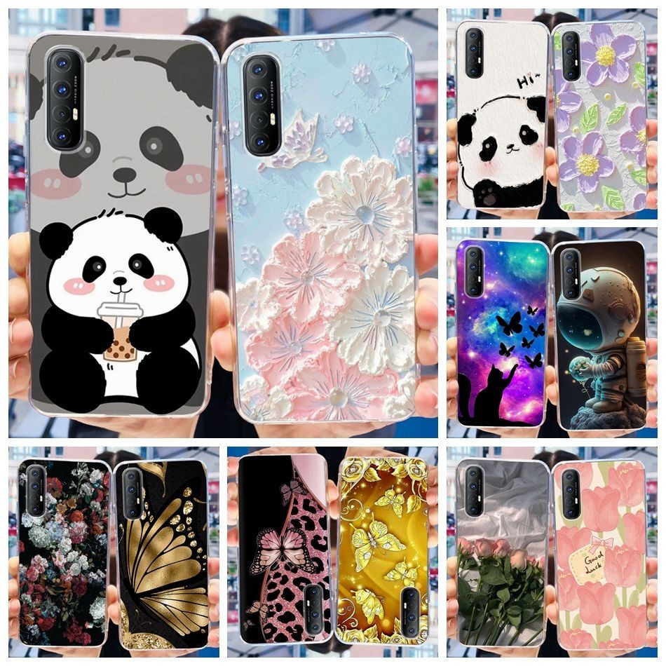 Oppo Reno3 Pro Reno3 4G แพนด้าน่ารักดอกไม้ทาสีปลอก Reno 3 3Pro CPH2035 CPH2043 ซิลิโคนอ่อนนุ่มเคสโทรศัพท์TPU
