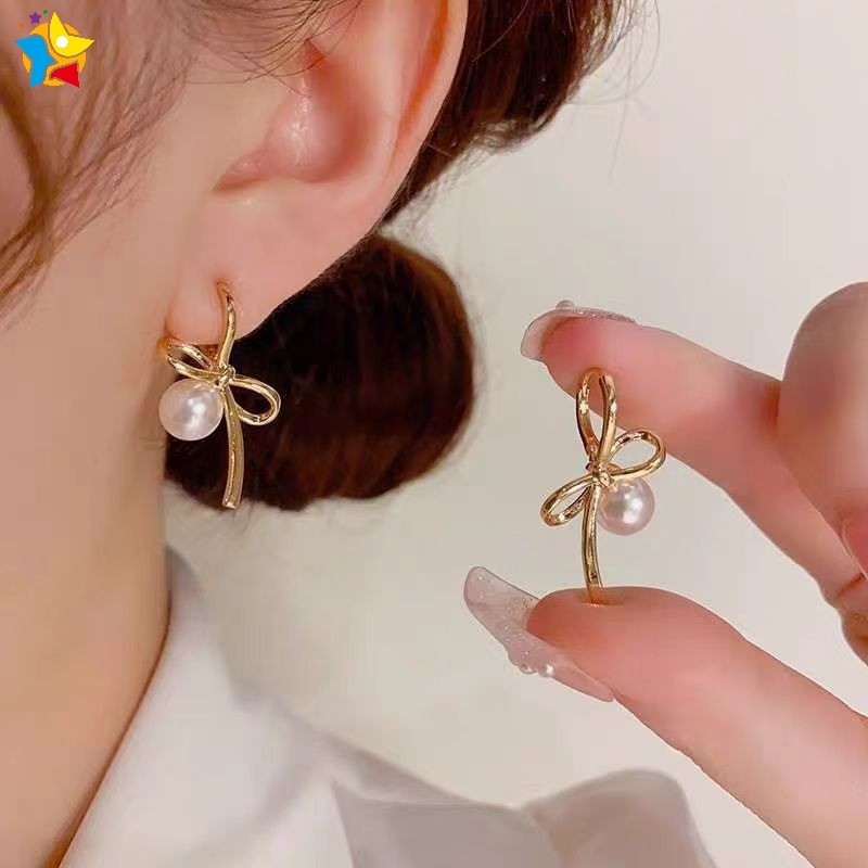 ประณีตสง่างามเลียนแบบมุกโบว์หูหัวเข็มขัดต่างหูผู้หญิงสาวอเนกประสงค์ออกแบบที่เรียบง่ายโลหะห่วงต่างหูงานแต่งงานเครื่องประดับของขวัญ