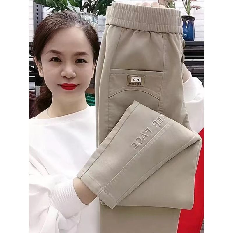 สินค้ายุโรปฤดูใบไม้ผลิฤดูร้อนสไตล์ใหม่ผ้ายีนส์ผ้าฝ้ายแท้ผู้หญิงกางเกงลําลองกางเกงเอวสูงสีอ่อนฮาเร็มหลวมกางเกงกีฬาเข็มผู้หญิง ปี1