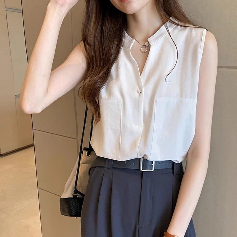 เสื้อกล้ามชีฟองแฟชั่นฤดูร้อนของผู้หญิงออกแบบเฉพาะคอวีแขนกุดเสื้อชั้นในสไตล์ฝรั่งเศส