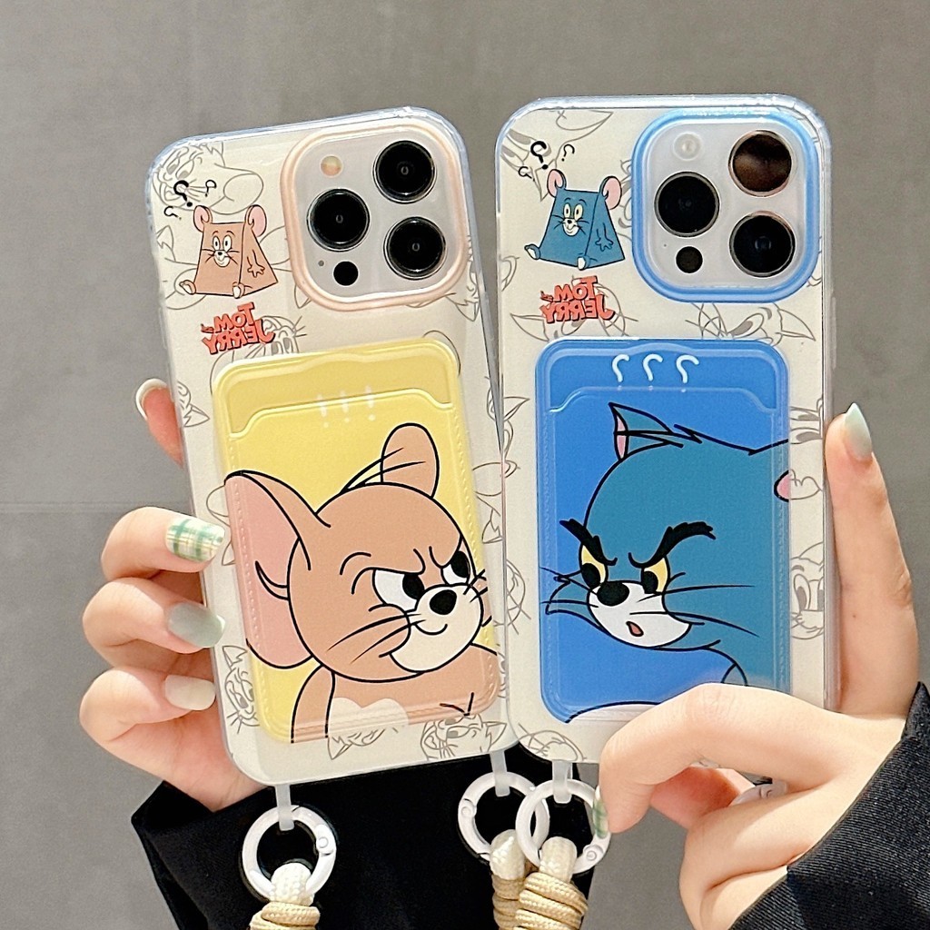 Tom and Jerry Card bag เชือกแขวนคู่เคสโทรศัพท์สําหรับ iPhone 15 14 13 12 11 Pro Max Case กันกระแทก