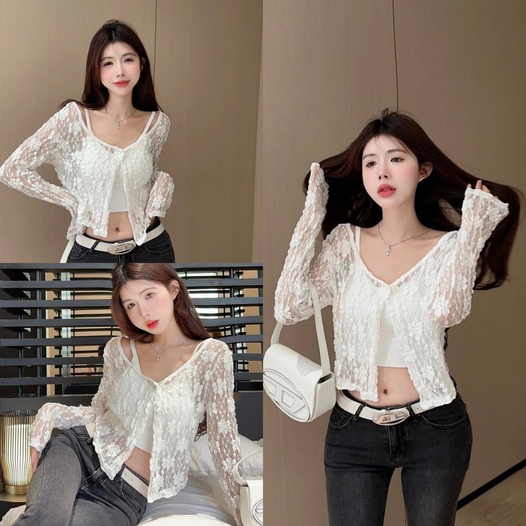 Firewire🔥พร้อมส่ง🔥กระดุมหน้า คาร์ดิแกนถักผู้หญิง ลายดอกไม้ คอวีเล็ก น่ารัก สไตล์เกาหลี"MX042/FY319"