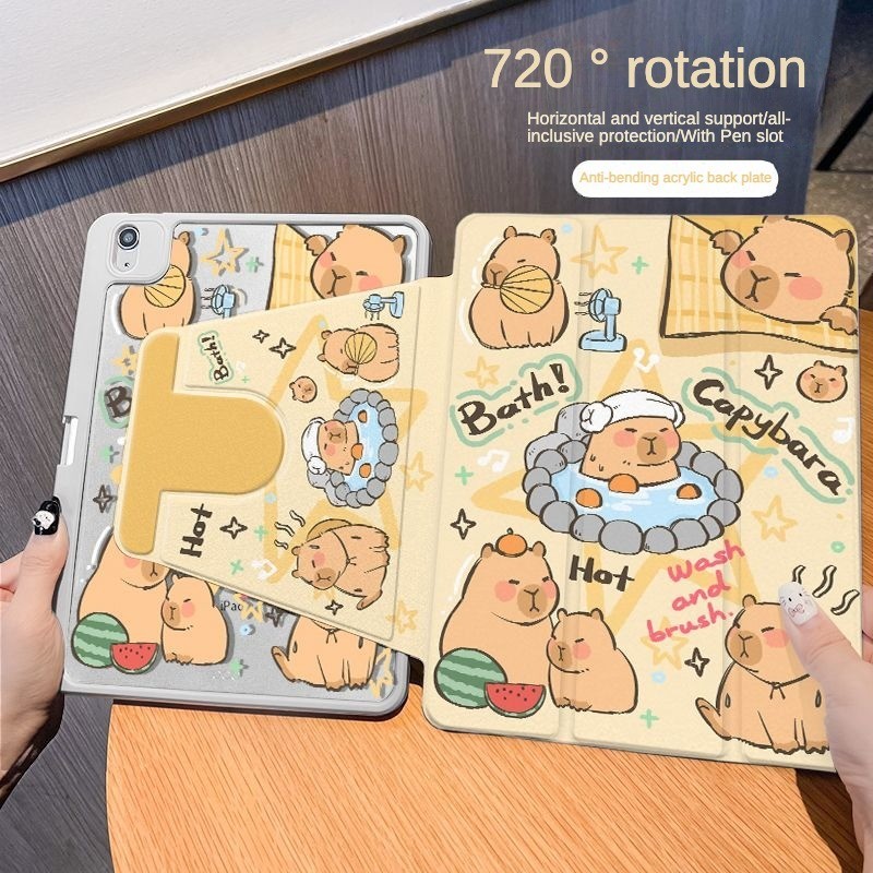 เคส Ipad 360 ° การหมุน watermelon Hot Spring Capybara พร้อมที่วางปากกาเหมาะสําหรับอะคริลิค iPad Air6 Gen7/8/9 10.2 Gen5/6 9.7 Air4 Air5 10.9 Pro11 Gen10