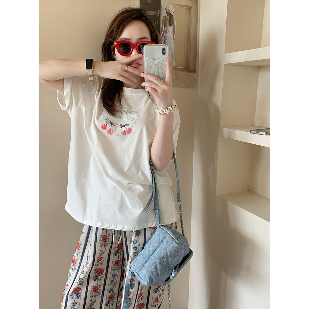 COD (จัดส่งในกรุงเทพฯ) MAO Shop เสื้อยืดลายดอกเชอร์รี่น่ารัก ผ้าฝ้ายแท้ 100% เสื้อ oversize S-3XL #51035