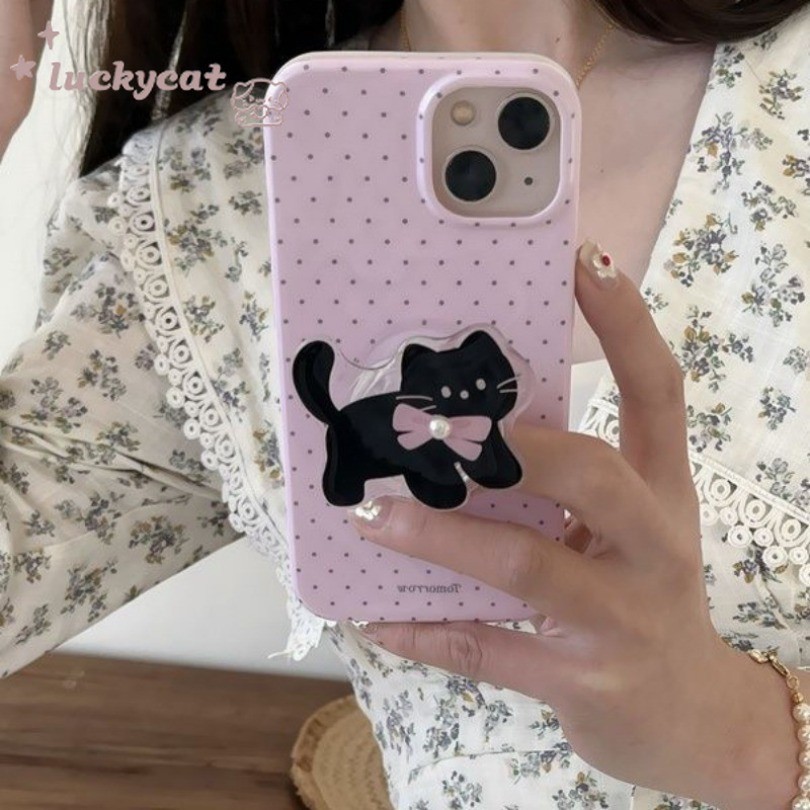 Iphone 15 14 13 12 11 Pro Max X Xr Xs Max 7 8 Plus SE2020 เคสโทรศัพท์น่ารัก Pearl Cat + Stand Soft Cover