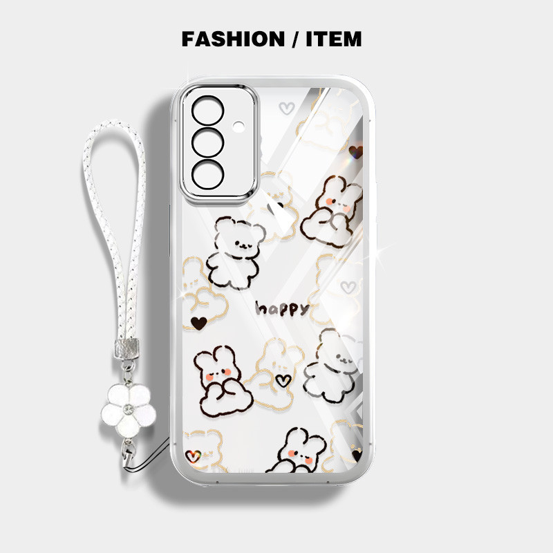 SAMSUNG เส้นน่ารักหมีกันกระแทกเคสโทรศัพท์สําหรับsamsung Galaxy A55 A35 A25 A54 A34 A16 5G A15 A14 A13 4G 5G A24 A04S 4Gปลอกโปร่งใสฝาครอบป้องกันดอกไม้เชือกแขวน