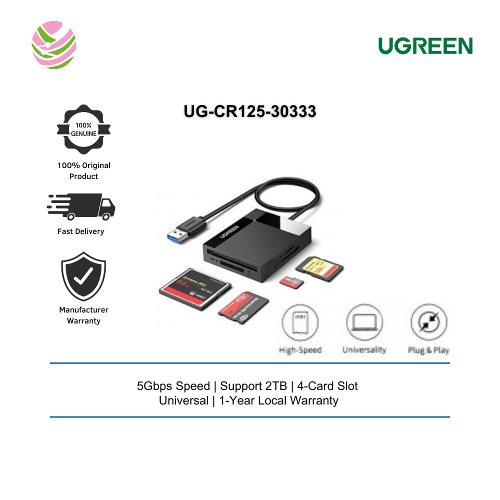 UGREEN CARD READER 4-IN-1 SUPER SPEED USB 3.0 USB-A TO SD / TF / CF / MS SLOT 50CM (UG-CR125-30333)