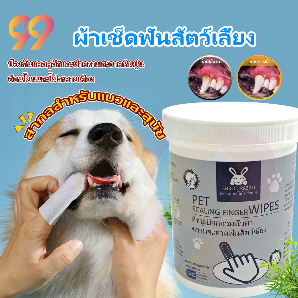 99PET ผ้าเช็ดฟันสัตว์เลี้ยง 50ชิ้น ถุงนิ้วพร้อมใช้ทำความสะอาดฟันสุนัข ผ้าเช็ดทำความสะอาดปากดับกลิ่น