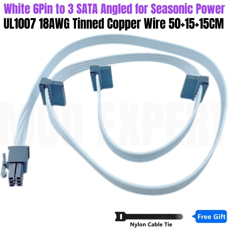 สีขาว 6Pin ถึง 3 SATA มุมขวา SSD HDD Modular สายไฟสําหรับ Seasonic VERTEX GX-1200 GX-1000 สีขาวหน่วย