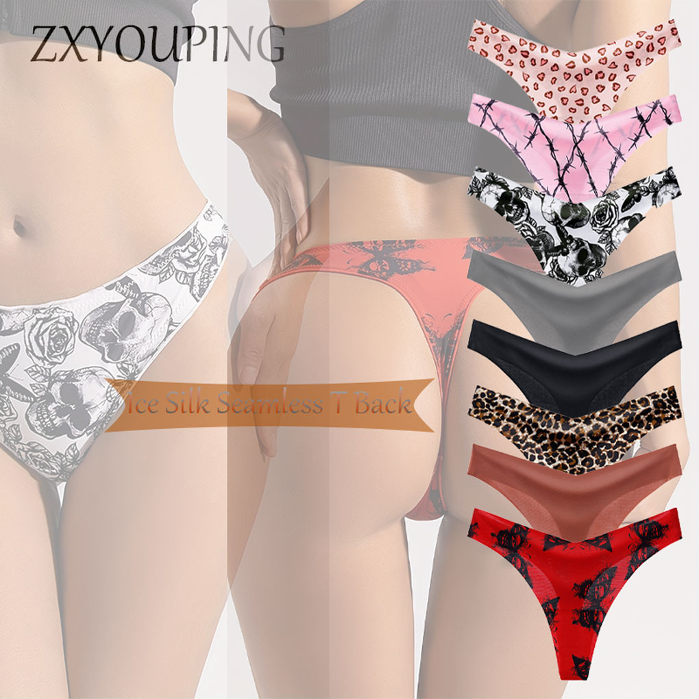 Zxyouping T กลับกางเกงชั้นในสตรี G String ผ้าไหมน้ําแข็งไม่มีรอยต่อ Exy ต่ําเอวทองกีฬาบิกินี่ Plus ขนาดหญิงพิมพ์เสือดาวชุดชั้นใน S-XL